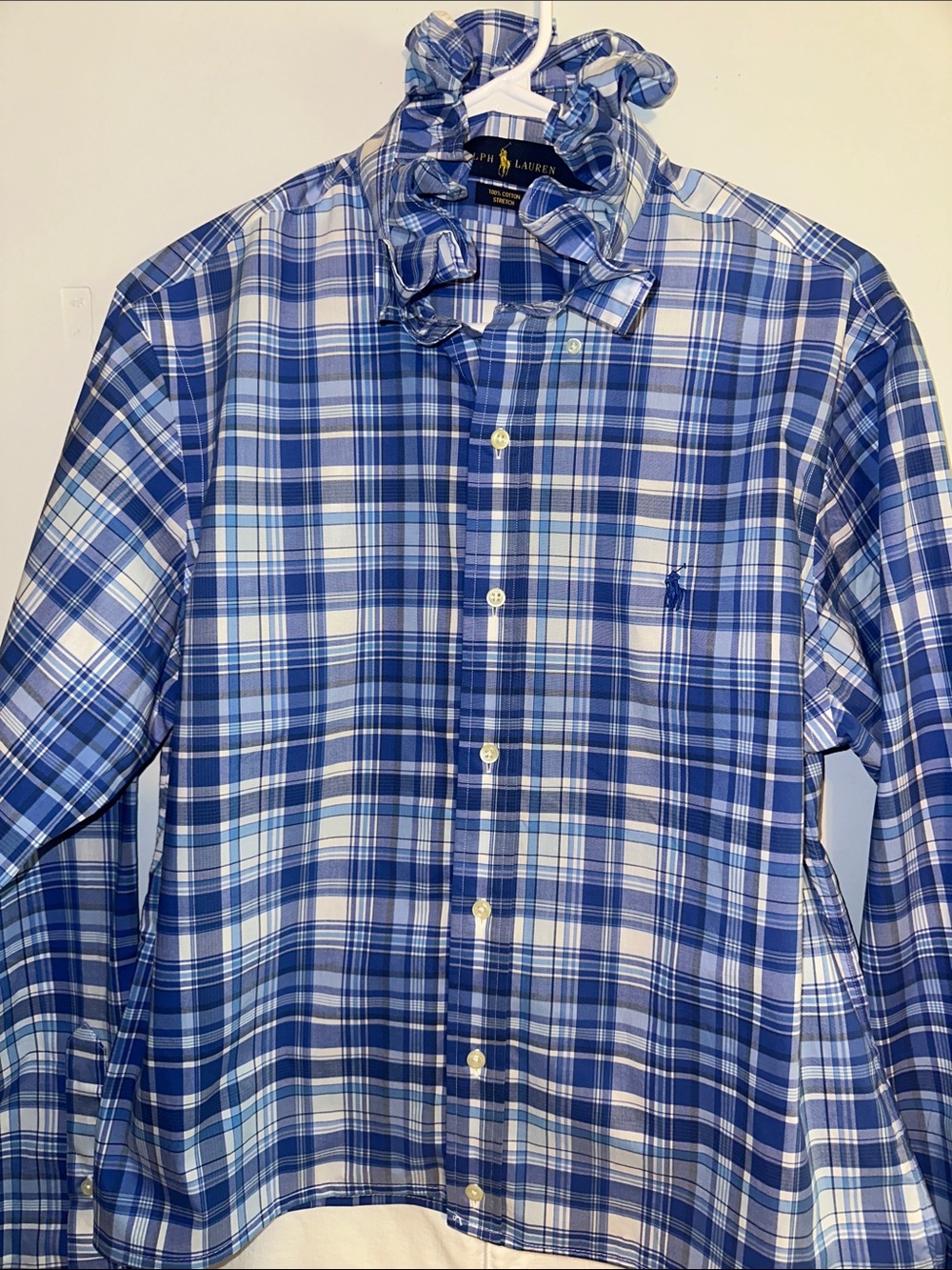 Polo by Ralph Lauren Blue and White Plaid Button-Down Ruffled collar Shirt